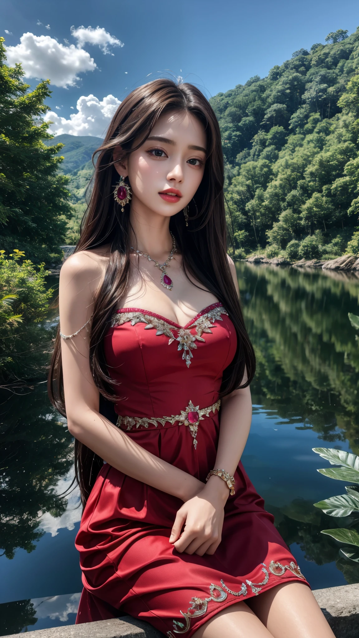 8K, ultra alta definición, obra maestra, Muy realista, 1 chica, buena cara, cabello muy largo, ojos detallados, labios detallados, pechos medianos, un vestido de princesa muy hermoso, vestido magenta, diamantes, joyería, collar, arete, lago, paisaje,