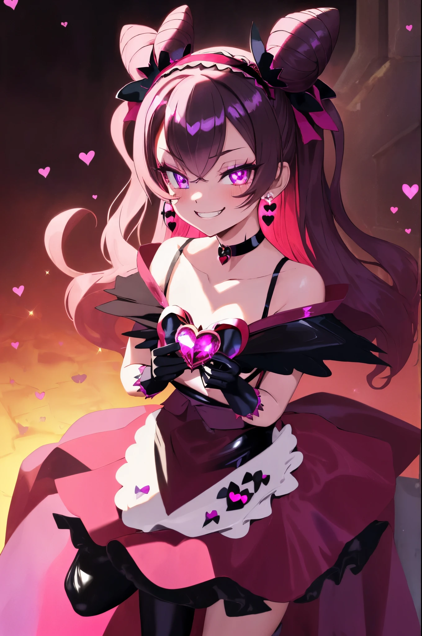 best quality, ultra detailed,1girl, solo, {CurePrecious}, long hair, black gloves, pink hair, bow, jewelry, earrings, cone hair bun, hair bow, purple eyes, dark red bow, shiny hair, hairband, collarbone, magical girl, heart brooch, dress, dark pink choker, short dress, skirt, blood stained apron, two side up, brooch, miniskirt, darken clothes, {evil smile}, devilish aura (shiny fabric:1.5), full body shot, purple gem, seductive, blush, (beautiful detailed eyes:1.6), extremely detailed face, perfect lighting, extremely detailed CG, (perfect hands, perfect anatomy), devil, red and black color scheme, shiny material, smirks, black ribbon, black satin gloves, evil clover leaf ornament, black frills, jewelry, corruption, latex shine, black gothic cloak, {evil grin}, dark world background, red moon, cloudy sky, cg style, one-sided black wing,