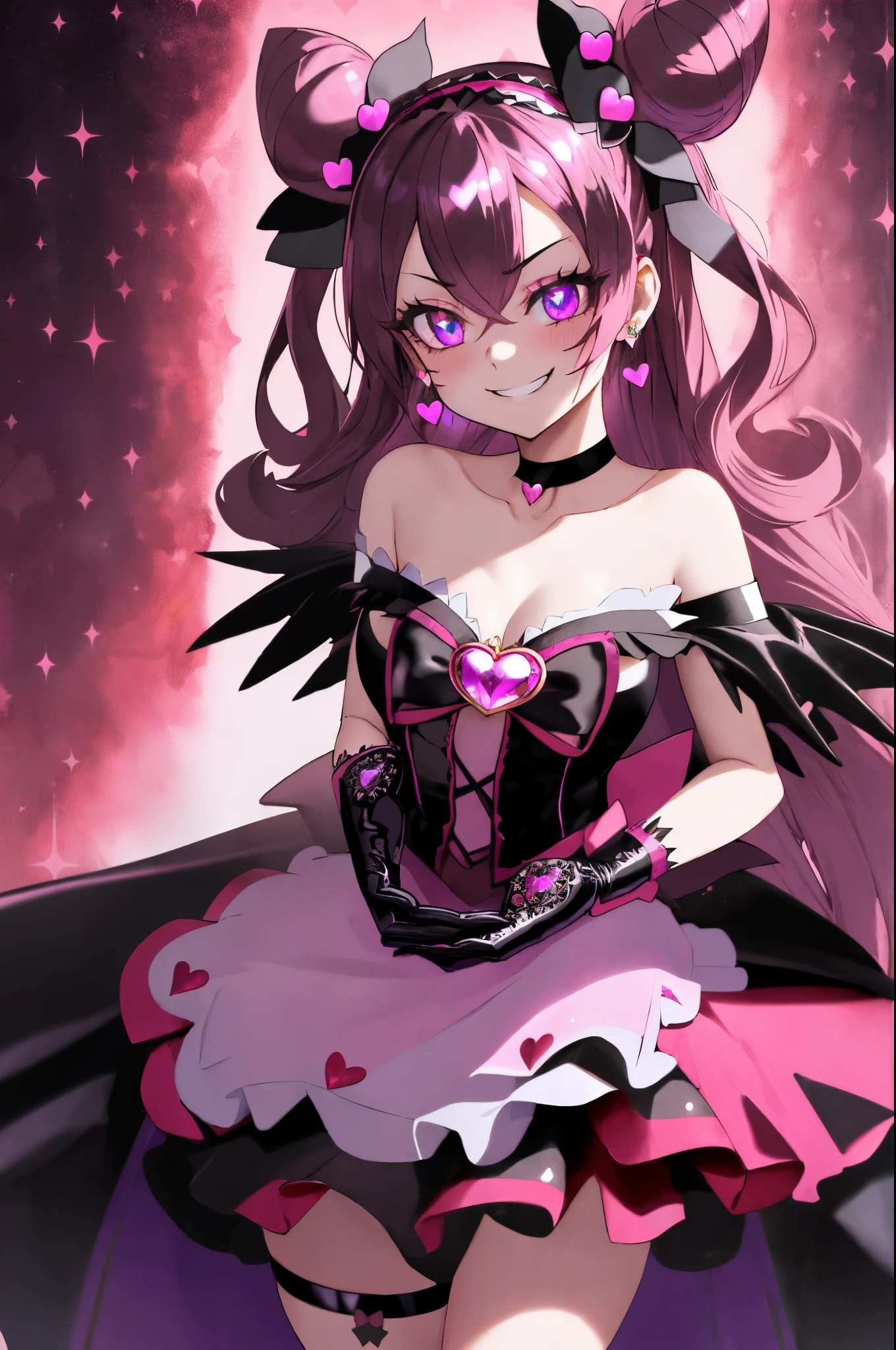 best quality, ultra detailed,1girl, solo, {CurePrecious}, long hair, black gloves, pink hair, bow, jewelry, earrings, cone hair bun, hair bow, purple eyes, dark red bow, shiny hair, hairband, collarbone, magical girl, heart brooch, dress, dark pink choker, short dress, skirt, blood stained apron, two side up, brooch, miniskirt, darken clothes, {evil smile}, devilish aura (shiny fabric:1.5), full body shot, purple gem, seductive, blush, (beautiful detailed eyes:1.6), extremely detailed face, perfect lighting, extremely detailed CG, (perfect hands, perfect anatomy), devil, red and black color scheme, shiny material, smirks, black ribbon, black satin gloves, evil clover leaf ornament, black frills, jewelry, corruption, latex shine, black gothic cloak, {evil grin}, dark world background, red moon, cloudy sky, cg style, one-sided black wing,