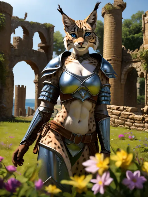 in the style of alsares, female anthro cute mammal lynx,feline, in a castle ruins, destroyed castle, ruins with vegetation, old ...