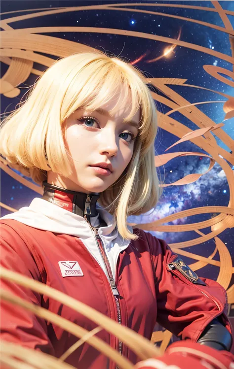 woman with blonde hair and blue eyes wearing a red zeon space suit. Background is Space with magic energy swirling around. Sayla...