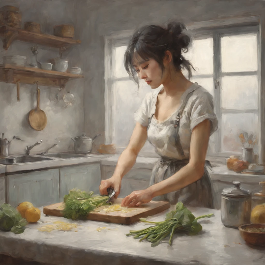 best quality, winter night scene , one japanese girl  in Lingerie  , white T-shirt , cutting Butterbur sprout on cutting board with a knife,  standing in kitchen ,  kawaii , big bright eyes , Looking at object in hand , Silhouette , view from bed, Long shot , Full body shot , shoot from side , cold atmosphere, delicate figure, warmth in cooking, seasonal ambiance , high-contrast , hyper realistic , ultra detailed , intricate detailed , 16k , masterpiece , finely detailed , ultra high res , Photorealistic , distinct , best aesthetic.