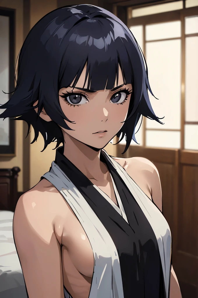 ultra-realistic 8k CG, masterpiece, ((ultra detailed background, expressive eyes, fine drawing, intricate details, high detail, better quality fine details, hyper-detailed face)), (photorealistic: 1.4), beautiful lighting, absurdity, RAW photo, film grain, soi fon, 1girl, solo, dark black hair, black eyes, makeup, side strands, ((medium breasts, slim girl)), ((bleach clothing)), ((intricately detailed background, inside, dim lighting, moody lighting, inside bedroom inside)), ((close-up, portrait))