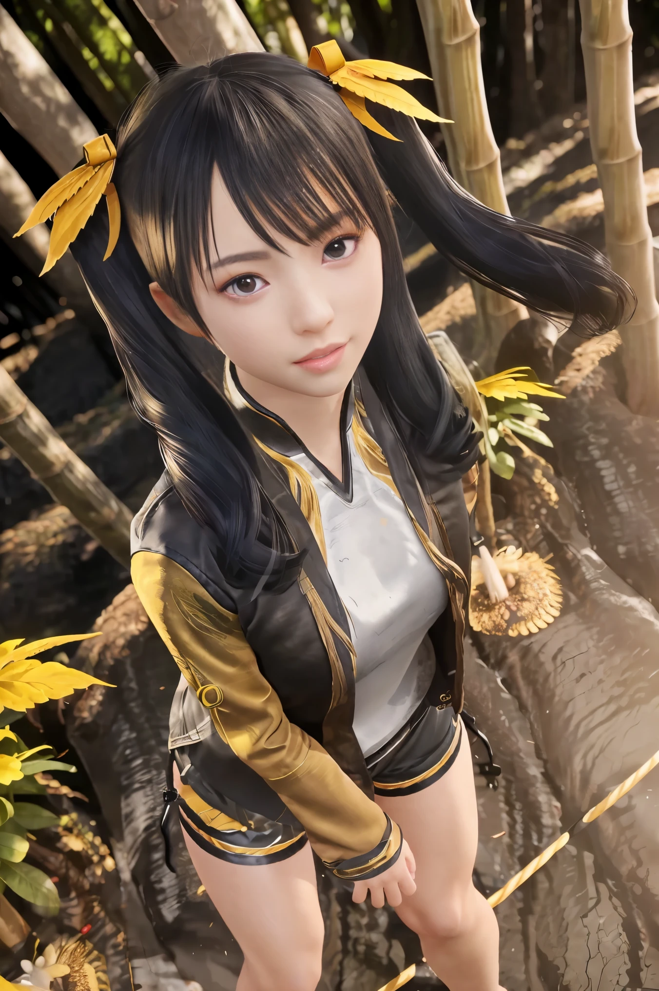 masterpiece, highest quality, twin tails, combat readiness, bamboo forest, shorts, photorealistic, High resolution, 1 girl, Korean, Eyes with heterochromia, small mole under the eye,