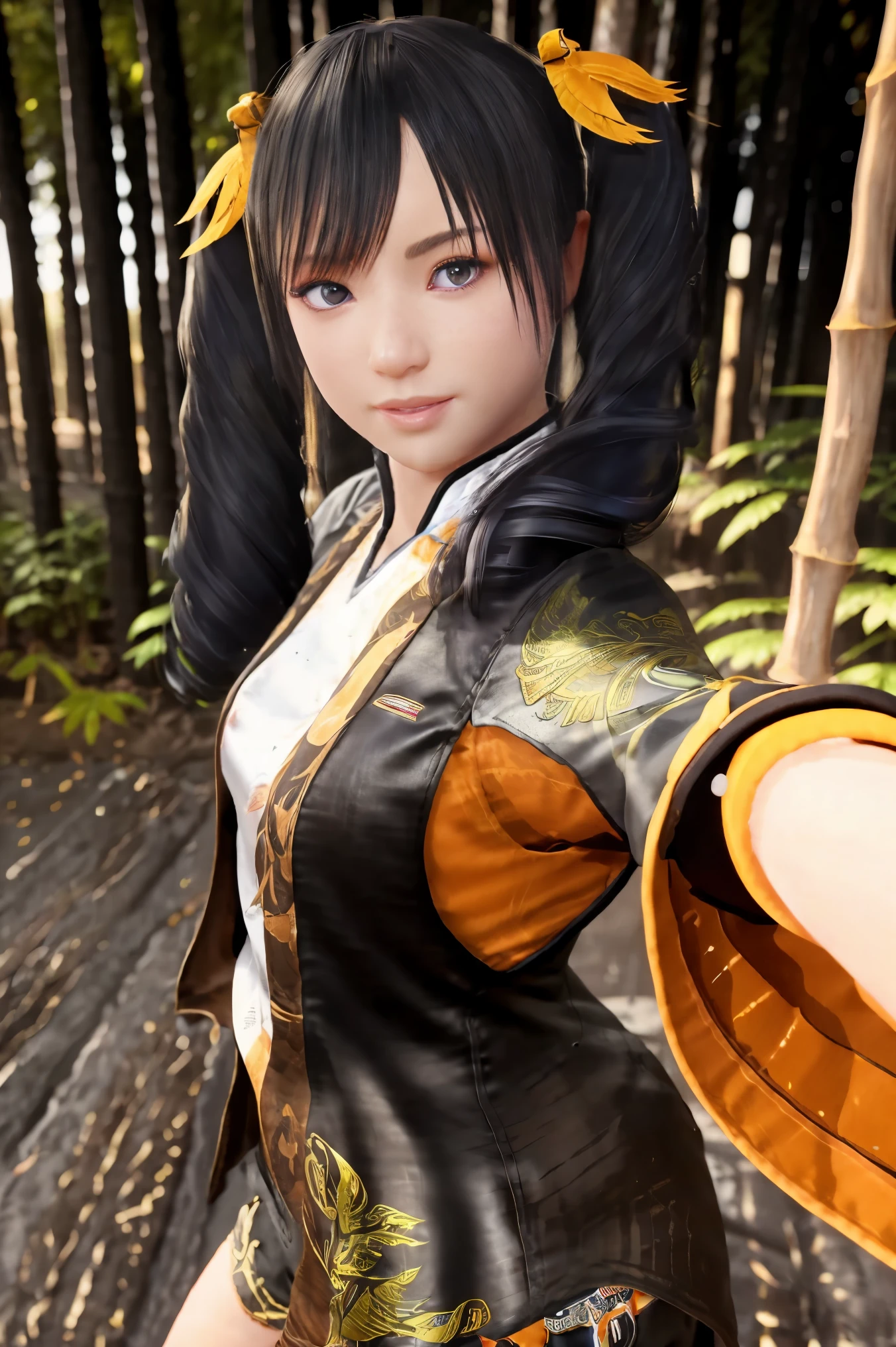 masterpiece, highest quality, twin tails, combat readiness, bamboo forest, shorts, photorealistic, High resolution, 1 girl, Korean, Eyes with heterochromia, small mole under the eye,