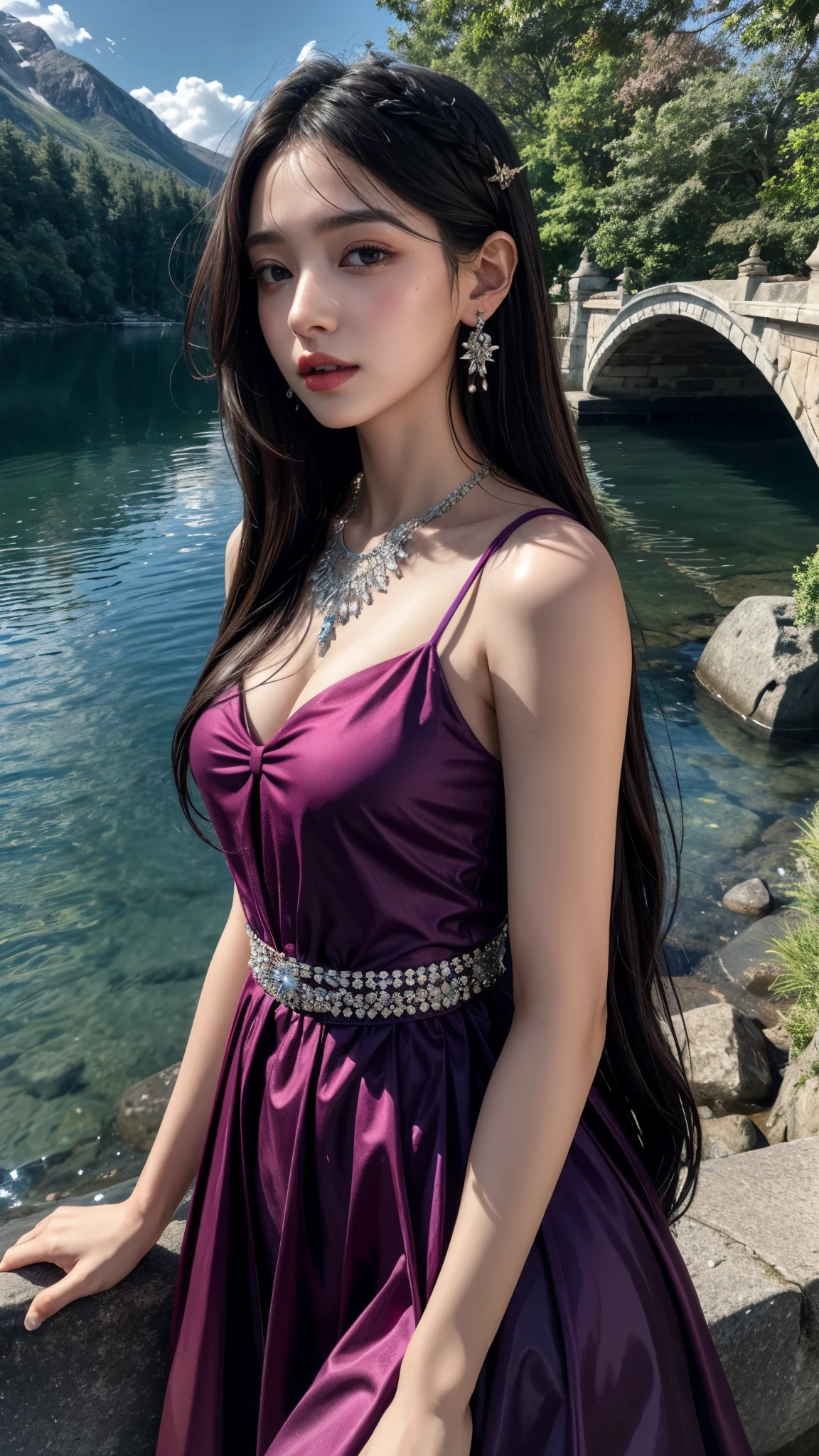 8K, ultra alta definición, obra maestra, 1 chica, buena cara, cabello muy largo, ojos detallados, labios detallados, senos pequeños, vestido de príncipes, vestido extendido, vestido morado, diamantes, joyería, collar, arete, lago, paisaje, poses atractivas,