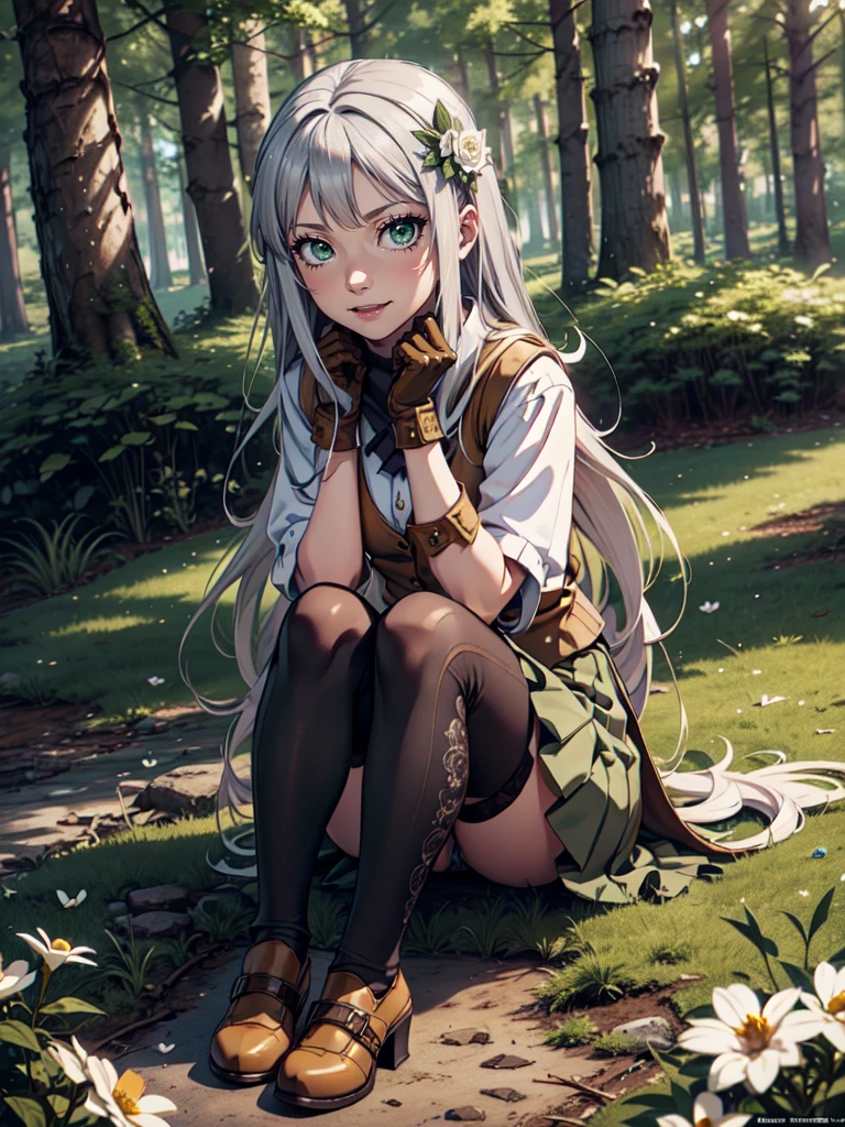 Ultra High Definition, Ultra High Quality, Hyper Definition, Hyper Quality, Hyper Detailed, Extremely Detailed, Perfectly Detailed, 8k, 1 Anime Female, Sitting, Long Silver Hair, Women's Vest, Skirt, Brown Boots On Heels, Tights, Gloves, Solid Green Eyes, Cheerful Expression, White Flower Barrette, Dressed in  , Forest Panoramic Background
