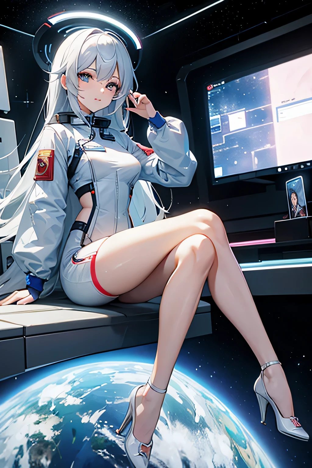 ((woman with long legs)), ((chinese)), ((futuristic clothing)), ((sitting on a space station)) ((checking her transparent tablet)), ((white space suit)), ((face ))