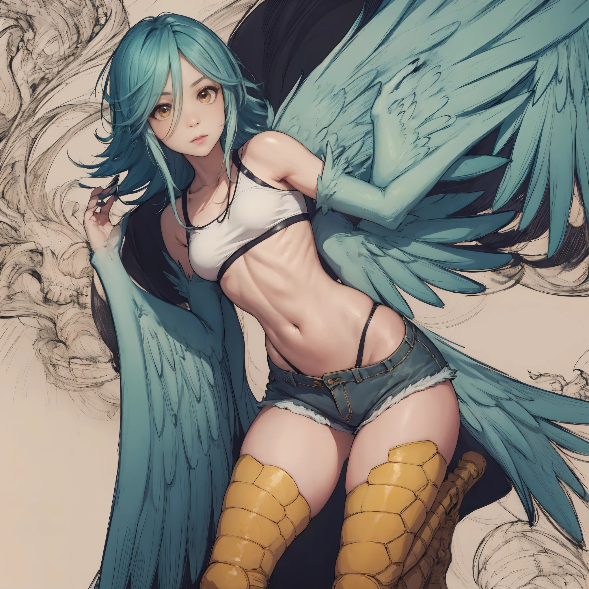 Anime girl with blue hair and wings sitting on a rock - SeaArt AI