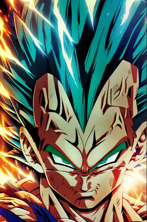 (Aesthetic, Hi-Res: 1.2), close up of a green super sayian Vegeta, glowing eyes, blue fire power, epic anime about energy man, 8k badass anim, 8k manga wallpaper, extreme instinct, 8k anime style.