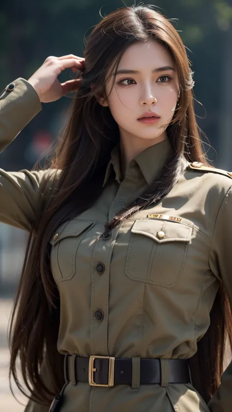 A girl with super long brown hair, holding a gun and wearing a soldier uniform, in a highly detailed and ultra-realistic style. ...