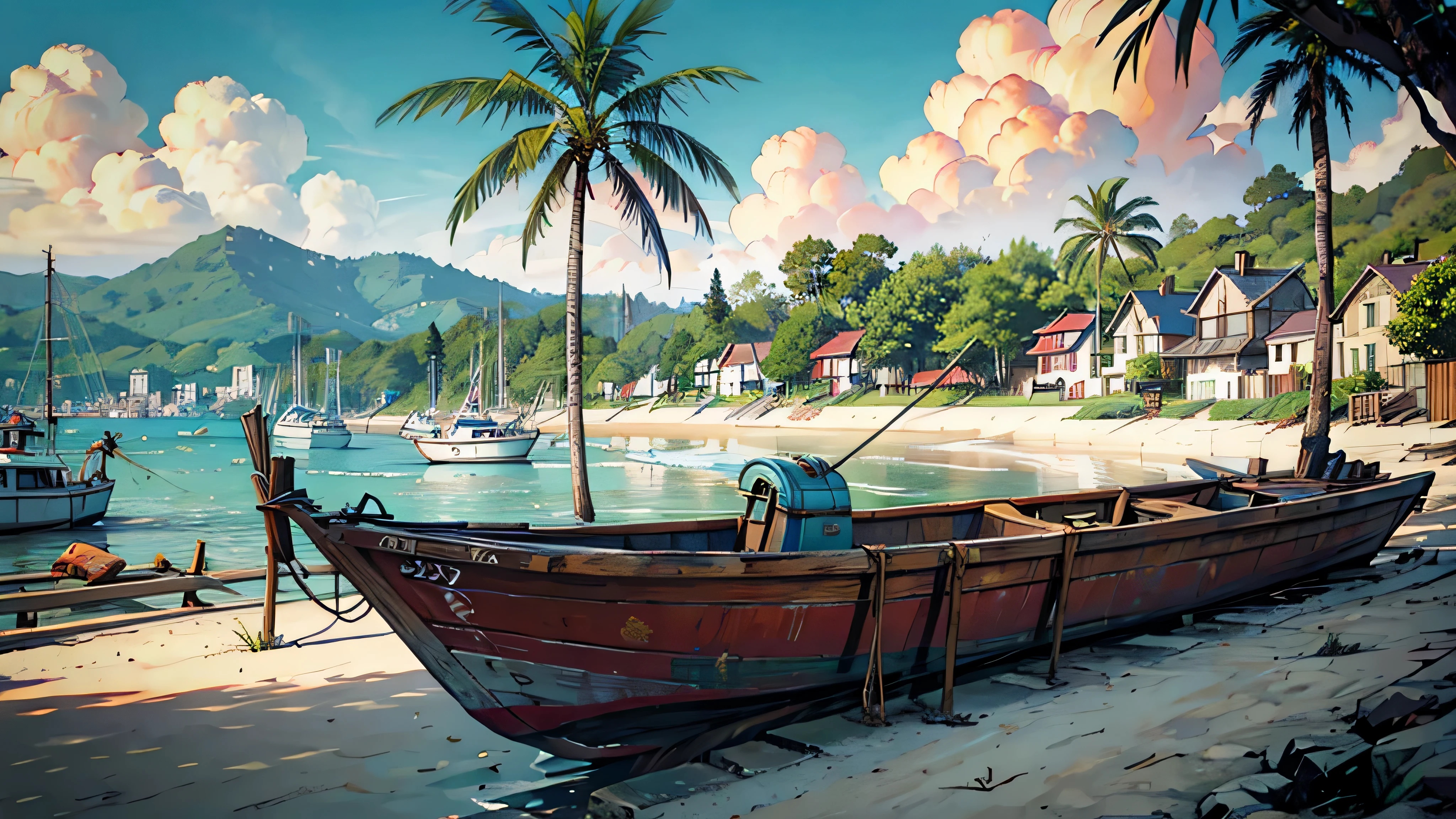 A seaside coastal village with several fishing boats leaning against the beach with coconut trees, palmeiras e uma grande montanha ao fundo e o sol raiando em um lindo amanhecer