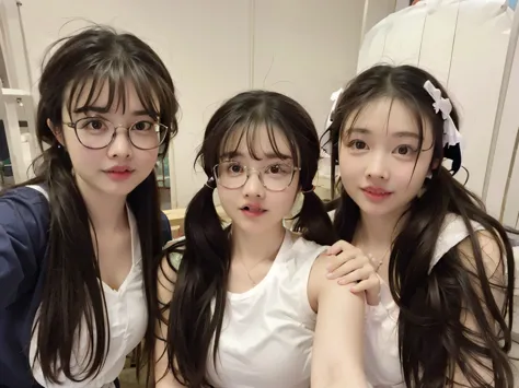 Three girls taking selfies with their mobile phones, student, wear glasses, The face is wet!!, 8k自拍photo, !!wear glasses!!, Very very low quality picture, wear glasses的, photo, Very very low quality, 3. Joy, Wearing round glasses, 用户photo, Wearing small ro...