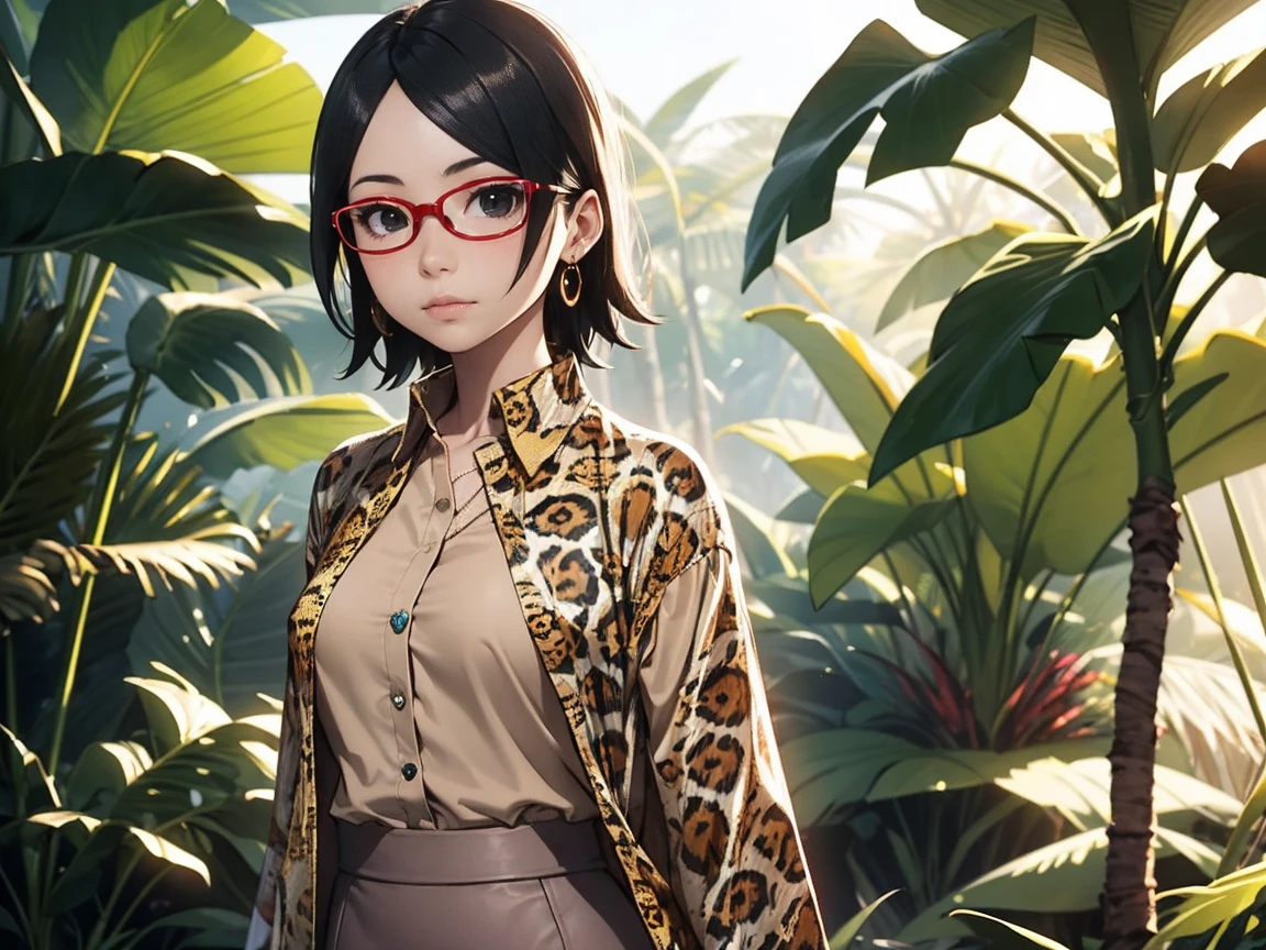 Sarada Uchiha with short hair, black eyes, wearing prescription glasses. She is wearing a beige Nude pencil skirt, ((Jaguar Print Blouse)) and fine gold jewelry, she is paradin over in the Amazon rainforest. Small, light and shadow