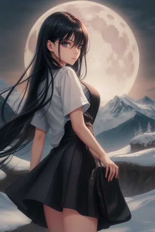 girl with long black hair looking at the giant  moon among the mountains