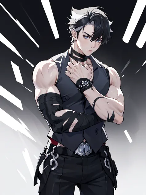 (proportional body) young man with scars on his arms (scars) (handsome man). dressed in a black sleeveless shirt, with black ban...