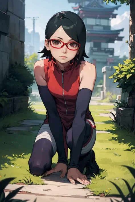 (sarada uchiha,short hair,black hair,glasses),full body picture unreal engine 5 8k uhd of beautiful girl, green japanese style l...