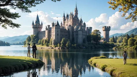 Prince walking with his son around the lake of his castle