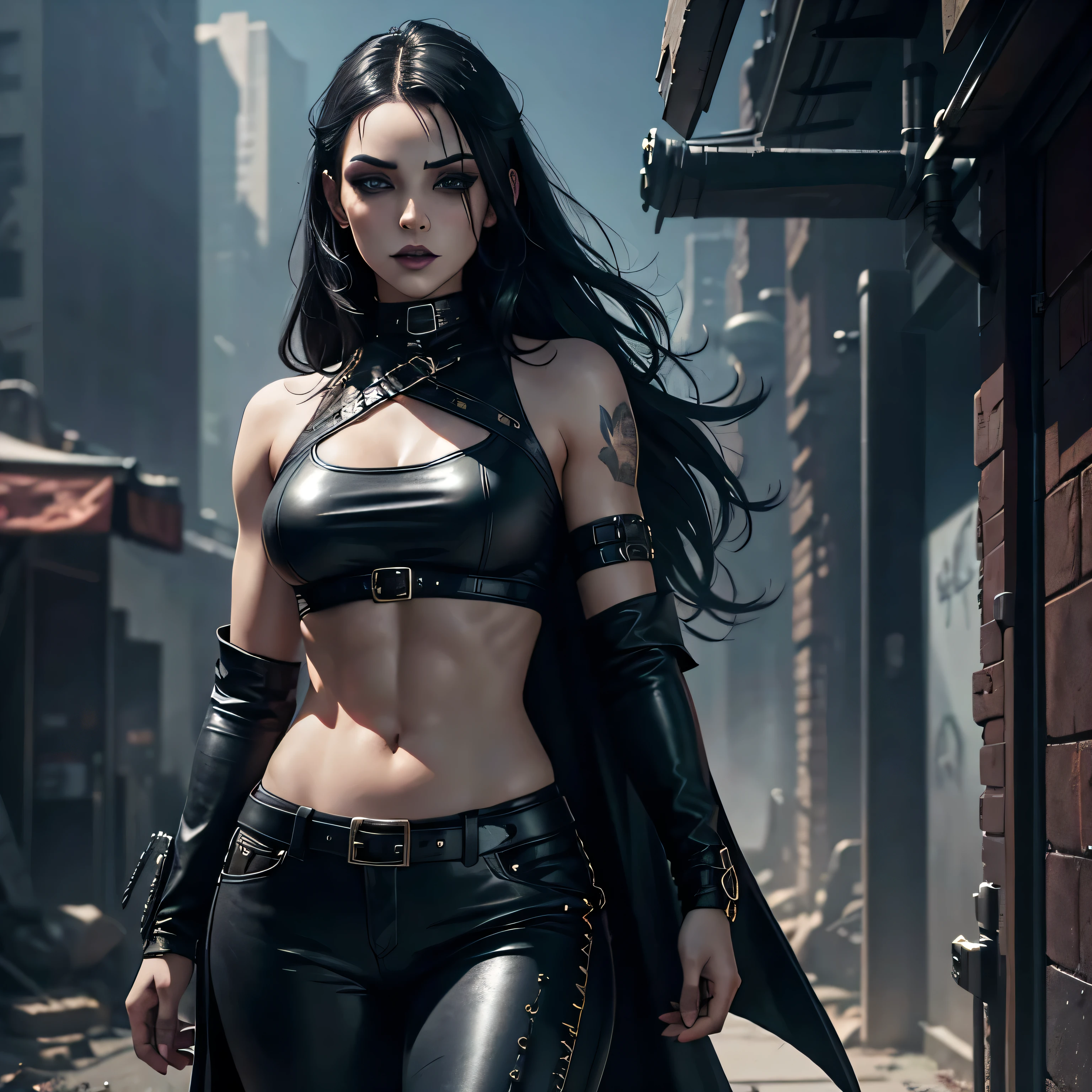 1 girl, heavy goth makeup, fantasy character, cyberpunk horror, dark fantasy, navel, gothic mage, muscular abs, leather cropped top, leather pants, sensual
