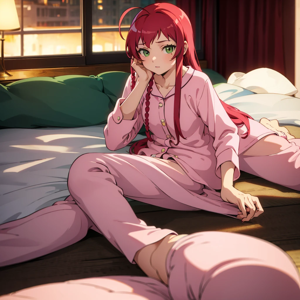 ((best quality)), ((masterpiece)), (detailed),Emi, woman, wearing pink pajamas,  red hair, long hair, green eyes,was lying in bed, 