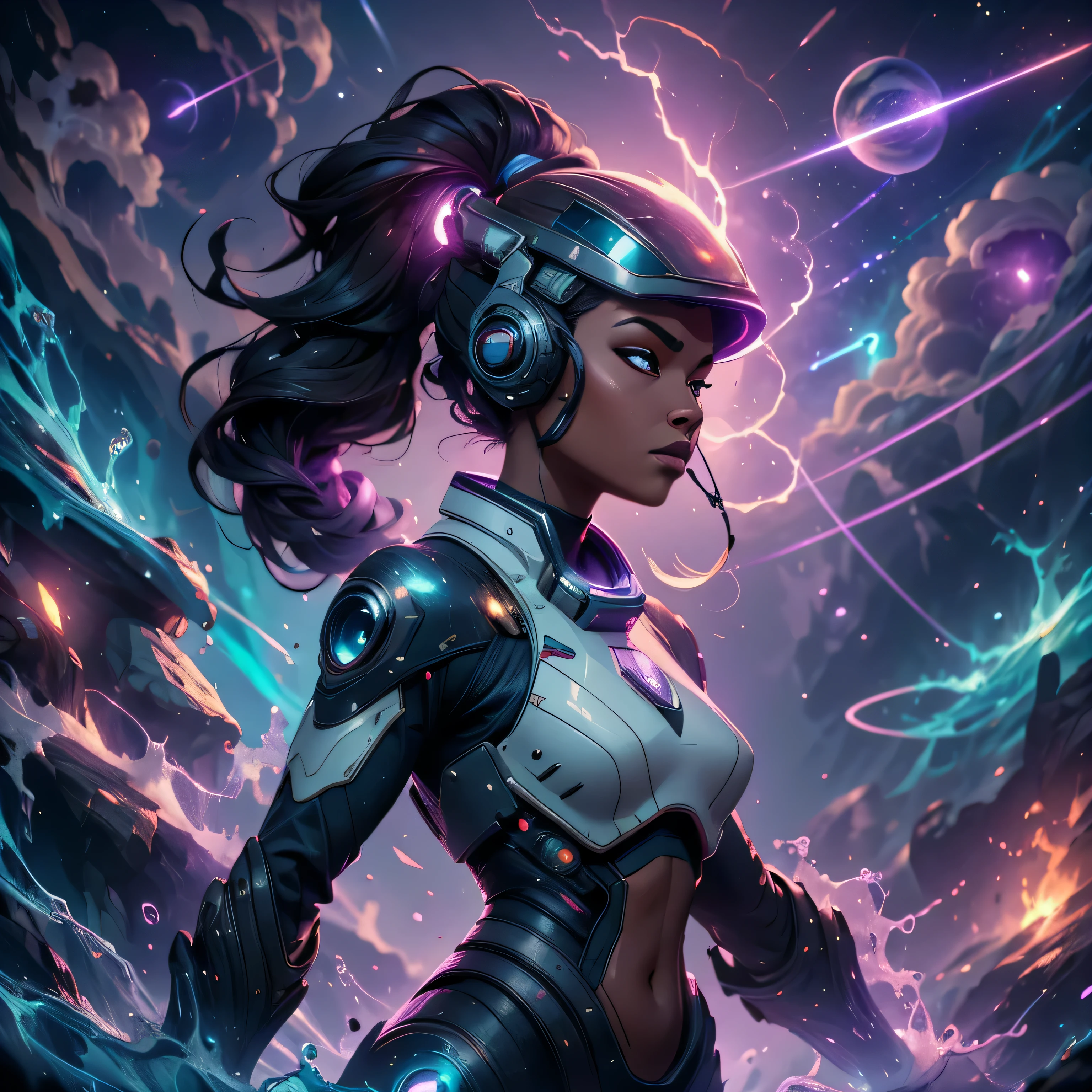 general shot of a woman in a helmet in a spacesuit against the backdrop of the planets, Full Length, cyborg goddess without a face in space, looking up at the sky, a riot of pink and yellow shades of the sky, sci-fi digital art, sci-fi digital art illustration, Portrait of a space cyborg, Beautiful UHD 4K art, futuristic art style, 4K Digital Imaging, Bluestocking, Highly detailed 4K digital art, A sci-fi work of art, model shooting style, (extremely detailed CG Unity 8k wallpaper), a chaotic storm of complex liquid smoke in the head, stylized beauty Full Length abstract portrait, wet skin, Petros Afshar, Ross Tran, Tom Whalen, Peter Mohrbacher, Artgerm, Broken glass, ((Sparkling underwater landscapes)) Bright octane light, high detail ((Evil Aesthetics))