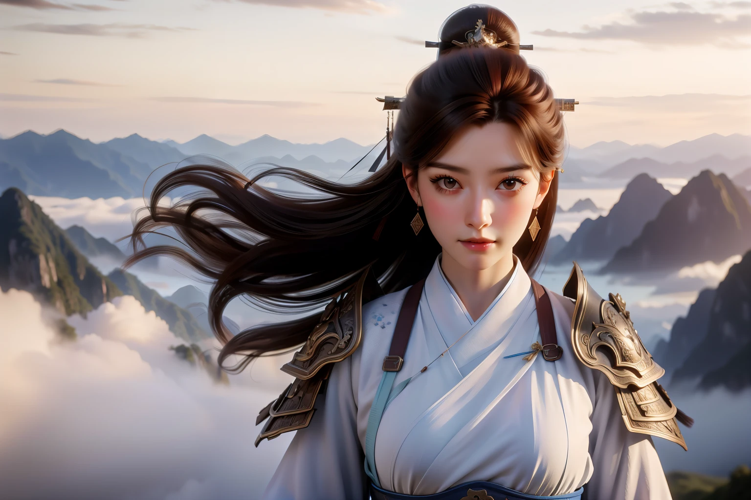 fencing, swg flight, 1 girl, alone, whole body, flight, lean forward, above clouds, look away, long hair, brown hair, Chinese clothes, armor, shoulder armor, earrings, holding sword, Sky, cloud, Mountain, 