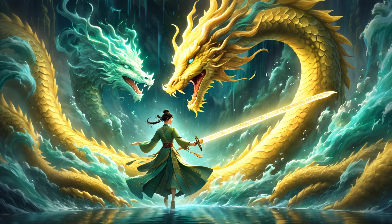 Oriental style beauty, sword in hand, sword dancing, green and gold clothing, a glowing golden dragon walking behind, realistic and ethereal style, Eastern Zhou Dynasty, the background of the picture is the strong air flow of the picture impact, 8k, fantasy, allegorical, animation style, epic ink mixing lens,
shining blue magic light. Abstract image, intense light, Rembrandt lighting, style in fluid color combination, surreal water, shine/gloss --ar 16:9