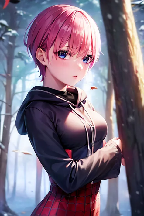 spiderverse style, 1girl, solo, pink hair, tree, blue eyes, bodysuit, short hair with bangs, snow, looking at viewer, forest, au...