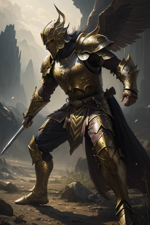 (a legendary hero,mythical:1.1),(traditional oil painting),(epic fight scene,heroic pose,impressive armor),(best quality,highres:1.2),(realistic),(vibrant colors,contrasting tones),(subtle atmospheric lighting)