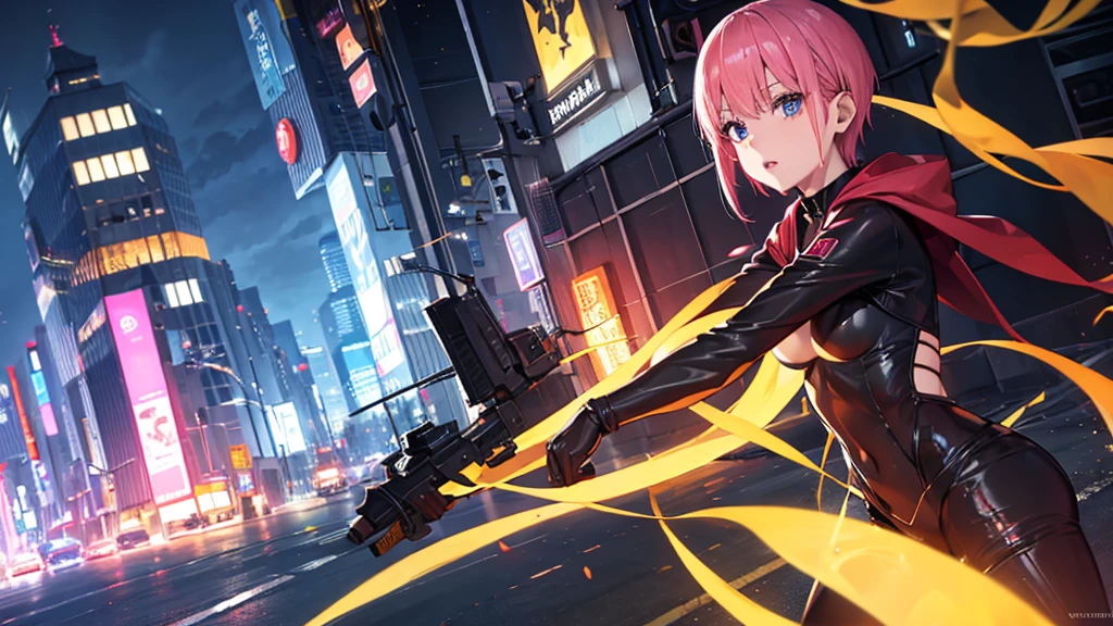 spider_oc, Ichika Nakano, 1 girl, short pink hair with bangs, yellow eyes, normal ears, jacket, hood, blue eyes, lips, (lower black upper white bodysuit: 1.1), superhero, hooded bodysuit, city, solo, 