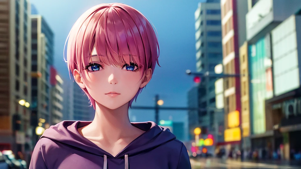 spider_oc, 1girl, short hair with bangs, pink hair, blue eyes, fair skin, hair between eyes, closed mouth, piercing, lips, animation, hoodie, white hoodie, city, looking at viewer, alone, 