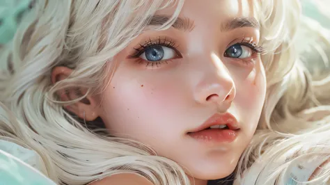 photorealistic, high resolution, hyper-realistic,1 girl, white wavy hair, indonesian, heterochromia eyes, small mole below eye, TOPLESS, loose very short skirt, big natural breasts, large thighs, lying on bed