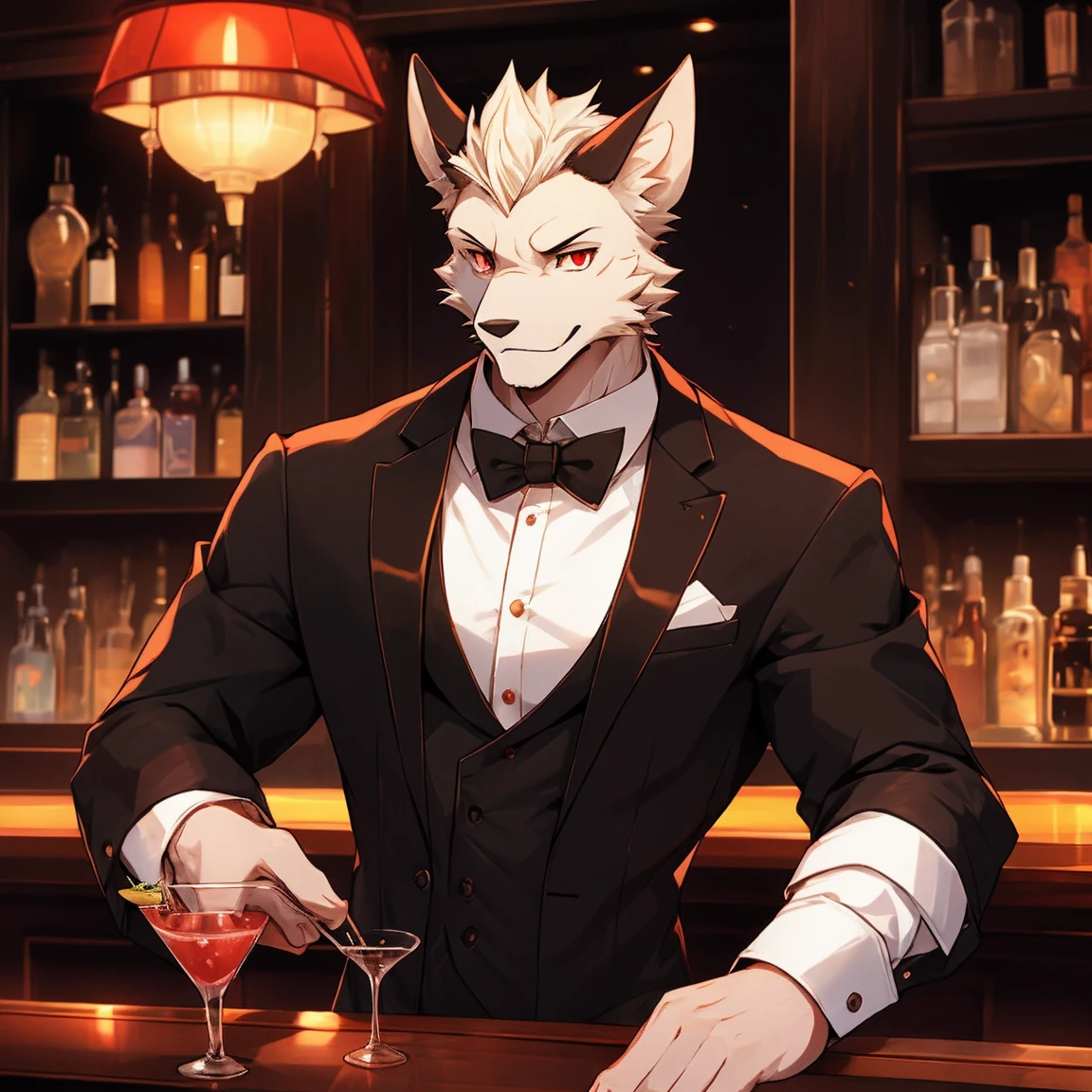 Perfect exquisite details highest quality bar background single half body young male bartender making cocktail white bat red eyes slim elegant handsome 