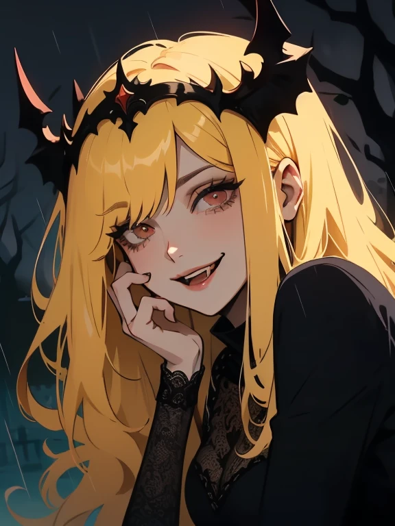 (outside, scary castle, Raining, evening, luz outfit, Deck chair, Temperamental environment, horror \(him\), ), (Incredibly detailed, beautiful detailed face, masterpiece, Best Quality), 1 girl, together, demon girl, mature woman, (black fur), pink eyes, smile, affected smile, , , Black Demon Wings,