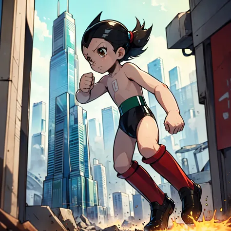 ((masterpiece, best quality)),(complex light),astro boy,black hair, brown eyes,red boots, fighting postion, about to fight, futu...
