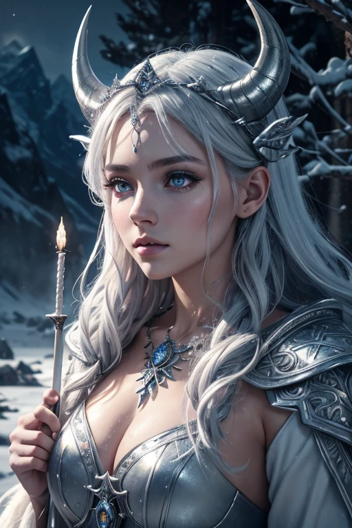 a girl with silver hair,horned crown,holding a glowing staff and looking majestic,beautiful detailed eyes,beautiful detailed lips,extremely detailed eyes and face,longeyelashes,mystical background with mist and glowing runes,snow-covered landscape,frosty trees and mountains,cold and ethereal color palette,soft and diffused lighting,hint of magic in the air,(best quality,4k,8k,highres,masterpiece:1.2),ultra-detailed,realistic:1.37,painting,concept artists,vivid colors,dreamlike atmosphere