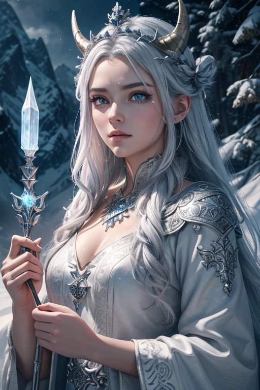 a girl with silver hair,horned crown,holding a glowing staff and looking majestic,beautiful detailed eyes,beautiful detailed lips,extremely detailed eyes and face,longeyelashes,mystical background with mist and glowing runes,snow-covered landscape,frosty trees and mountains,cold and ethereal color palette,soft and diffused lighting,hint of magic in the air,(best quality,4k,8k,highres,masterpiece:1.2),ultra-detailed,realistic:1.37,painting,concept artists,vivid colors,dreamlike atmosphere