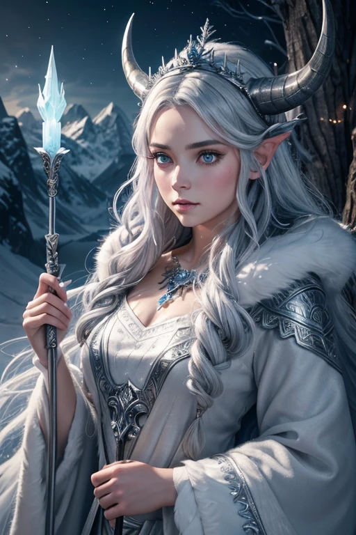 a girl with silver hair,horned crown,holding a glowing staff and looking majestic,beautiful detailed eyes,beautiful detailed lips,extremely detailed eyes and face,longeyelashes,mystical background with mist and glowing runes,snow-covered landscape,frosty trees and mountains,cold and ethereal color palette,soft and diffused lighting,hint of magic in the air,(best quality,4k,8k,highres,masterpiece:1.2),ultra-detailed,realistic:1.37,painting,concept artists,vivid colors,dreamlike atmosphere