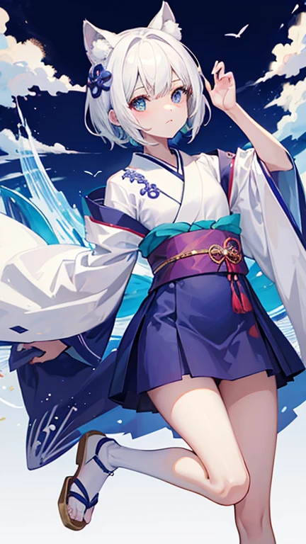 1 girl, Alone, Lindo kimono blue and white, wooden sandals, socks, medium chest, neckline, Japan, White background, hair between the eyes, wide waist, looking at the viewer, by albino, short natural nails, Alone, thighs, thighs, ((masterpiece)), magpie pose, blush, Shy, show teeth, detailed hand, beautiful finger, zorro, fox ears, fox tail, Whole body.