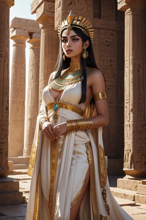 A girl with a headdress representing the Egyptian goddess, Isis, wearing a flowing white gown, adorned with intricate hieroglyphs and symbols, standing in a majestic temple with towering pillars. The temple is made of golden stones and is surrounded by lush palm trees and blooming lotus flowers. The girl has mesmerizing, almond-shaped eyes with perfectly outlined kohl, and her lips are painted in a rich, deep shade of ruby. She exudes an air of mystique and power, her face illuminated by a warm, golden glow. The scene is set at sunset, with the sky painted in vibrant hues of orange, purple, and gold. The temple is bathed in soft, golden light, casting long, dramatic shadows. The entire image is rendered with the utmost attention to detail, bringing out the intricate patterns on the headdress, the delicate texture of the gown, and the natural beauty of the surroundings. The artwork is a masterful blend of realism and artistic interpretation, capturing the essence of Egyptian mythology and creating a captivating visual narrative. (best quality,4k,8k,highres,masterpiece:1.2), ultra-detailed, (realistic,photorealistic,photo-realistic:1.37), HDR, UHD, vivid colors, bokeh, ancient Egyptian art, goddess, enchanting, mystical, divine, ancient civilization