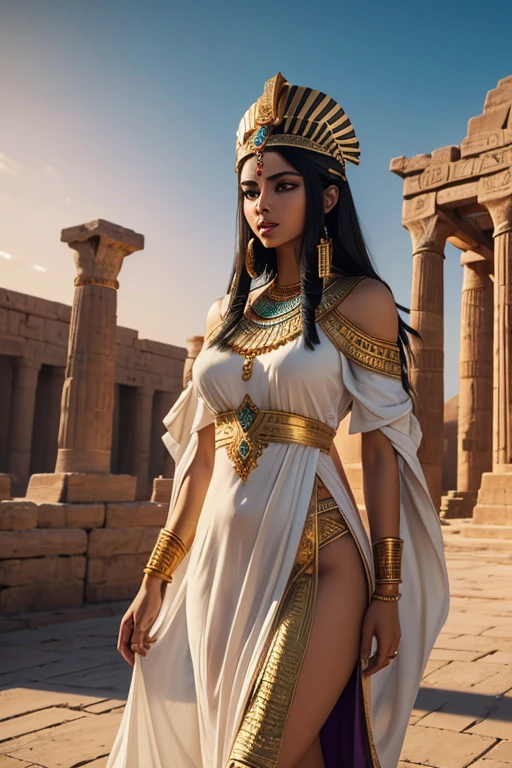 A girl with a headdress representing the Egyptian goddess, Isis, wearing a flowing white gown, adorned with intricate hieroglyphs and symbols, standing in a majestic temple with towering pillars. The temple is made of golden stones and is surrounded by lush palm trees and blooming lotus flowers. The girl has mesmerizing, almond-shaped eyes with perfectly outlined kohl, and her lips are painted in a rich, deep shade of ruby. She exudes an air of mystique and power, her face illuminated by a warm, golden glow. The scene is set at sunset, with the sky painted in vibrant hues of orange, purple, and gold. The temple is bathed in soft, golden light, casting long, dramatic shadows. The entire image is rendered with the utmost attention to detail, bringing out the intricate patterns on the headdress, the delicate texture of the gown, and the natural beauty of the surroundings. The artwork is a masterful blend of realism and artistic interpretation, capturing the essence of Egyptian mythology and creating a captivating visual narrative. (best quality,4k,8k,highres,masterpiece:1.2), ultra-detailed, (realistic,photorealistic,photo-realistic:1.37), HDR, UHD, vivid colors, bokeh, ancient Egyptian art, goddess, enchanting, mystical, divine, ancient civilization