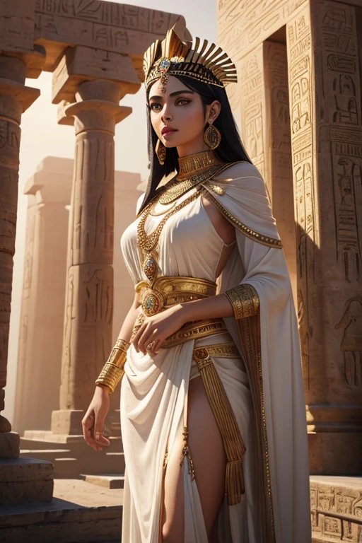 A girl with a headdress representing the Egyptian goddess, Isis, wearing a flowing white gown, adorned with intricate hieroglyphs and symbols, standing in a majestic temple with towering pillars. The temple is made of golden stones and is surrounded by lush palm trees and blooming lotus flowers. The girl has mesmerizing, almond-shaped eyes with perfectly outlined kohl, and her lips are painted in a rich, deep shade of ruby. She exudes an air of mystique and power, her face illuminated by a warm, golden glow. The scene is set at sunset, with the sky painted in vibrant hues of orange, purple, and gold. The temple is bathed in soft, golden light, casting long, dramatic shadows. The entire image is rendered with the utmost attention to detail, bringing out the intricate patterns on the headdress, the delicate texture of the gown, and the natural beauty of the surroundings. The artwork is a masterful blend of realism and artistic interpretation, capturing the essence of Egyptian mythology and creating a captivating visual narrative. (best quality,4k,8k,highres,masterpiece:1.2), ultra-detailed, (realistic,photorealistic,photo-realistic:1.37), HDR, UHD, vivid colors, bokeh, ancient Egyptian art, goddess, enchanting, mystical, divine, ancient civilization