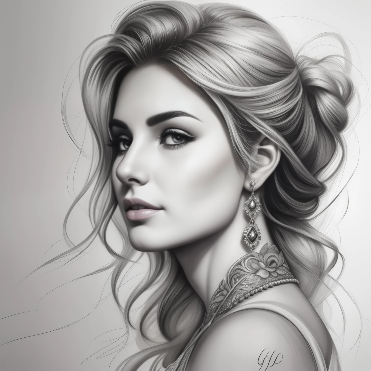a drawing of a woman with long hair and earrings, detailed beauty portrait, detailed beautiful portrait, realistic digital drawing, extremely detailed woman, elegant digital painting, detailed woman, Detailed illustration portrait, epic portrait illustration, stunning drawing, beautiful drawing style, beautiful beautiful digital art, Bela arte UHD 4K, realistic sketch, elegant drawing, high quality sketch art
