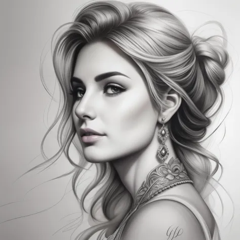 um desenho de uma mulher com cabelos longos e brincos, retrato de beleza detalhado, retrato bonito detalhado, desenho digital re...