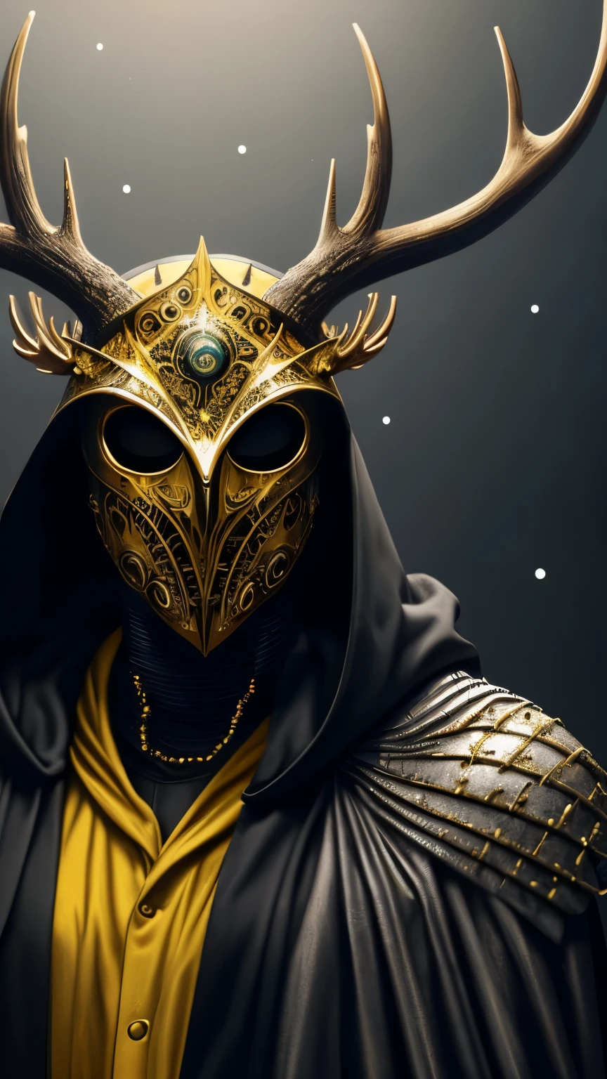 1man, a surreal paint splatter painting of the "king in yellow" wearing a cloak and a mask, antlers, crown, cosmic background, gold and white and black color scheme, cybernetic, cyberpunk art, computer art, detailed geometric eyes, (highly detailed skin:1.2), (realistic lighting:1.1), (realistic shadows:1.1), ((best quality)), (detailed), 8k uhd