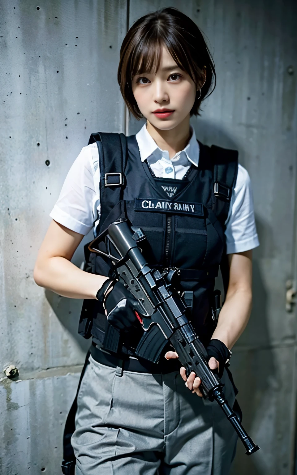 ((Best Quality, 8K, Masterpiece: 1.3)), ((best quality)), photorealistic, photorealism, Photorealistic, high resolution, 1lady aiming with an ak-47 assault rifle, 40 yo, Combat pose, looking at the camera, (Detailed face), short hair, (wearing red rubber suit, tactical vests, military harness, black gloves, high-tech headset), cloths color based on black dark blue), revealed thigh, Gun, Fingers are occluded, concrete wall background,