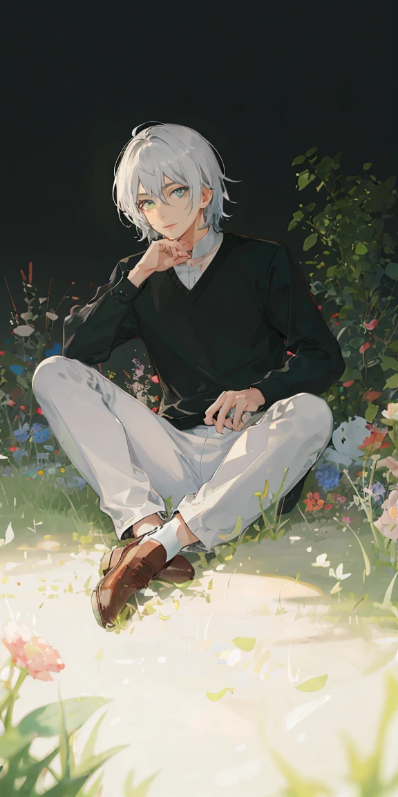 (masterpiece, best quality), 1 man with short white hair sitting in a field of green plants and flowers, his hand under his chin, warm lighting, white clothes, white pants, blurry foreground
