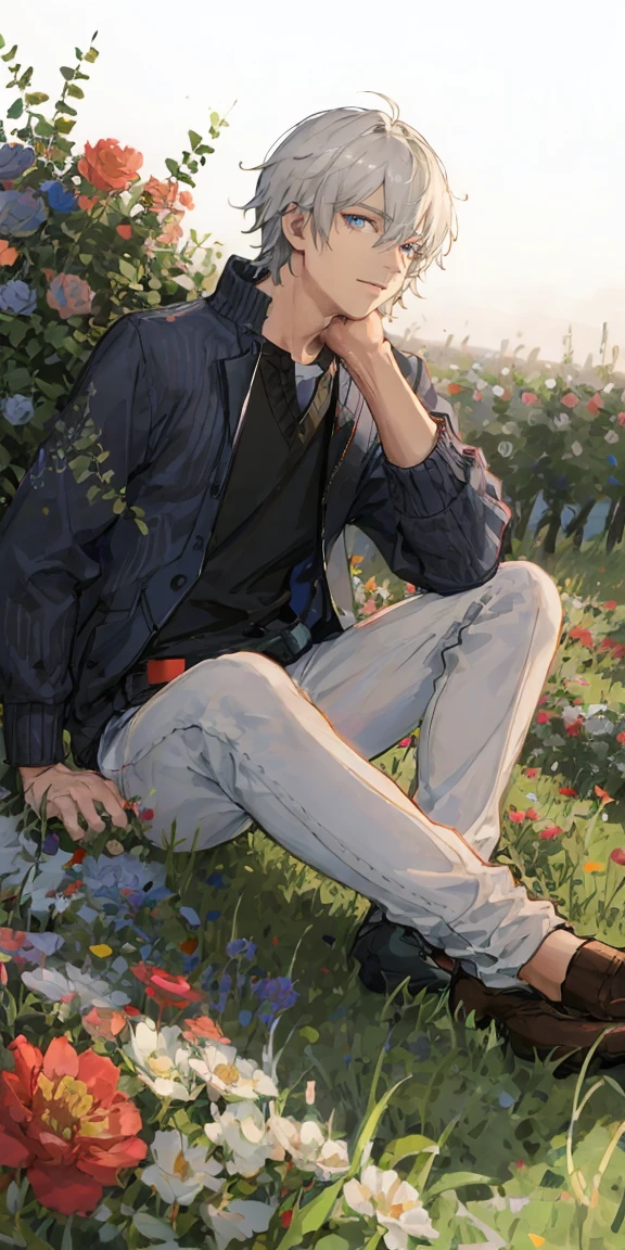 (masterpiece, best quality), 1 man with short white hair sitting in a field of green plants and flowers, his hand under his chin, warm lighting, white clothes, white pants, blurry foreground