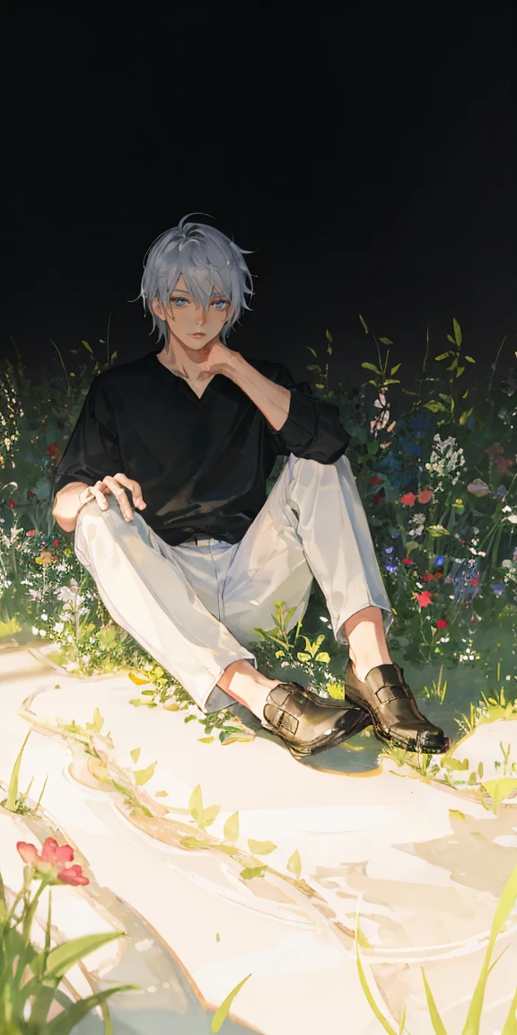 (masterpiece, best quality), 1 man with short white hair sitting in a field of green plants and flowers, his hand under his chin, warm lighting, white clothes, white pants, blurry foreground