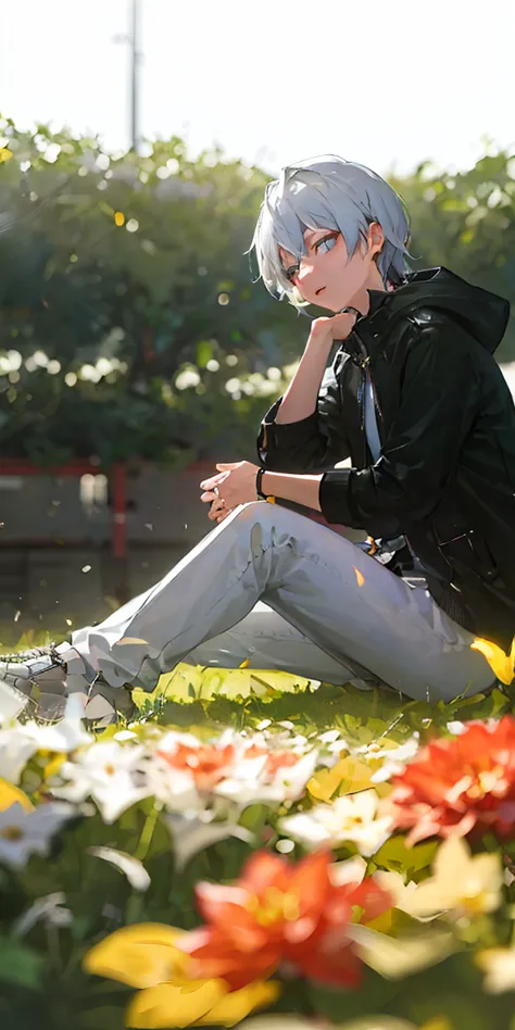 (masterpiece, best quality), 1 man with short white hair sitting in a field of green plants and flowers, his hand under his chin...